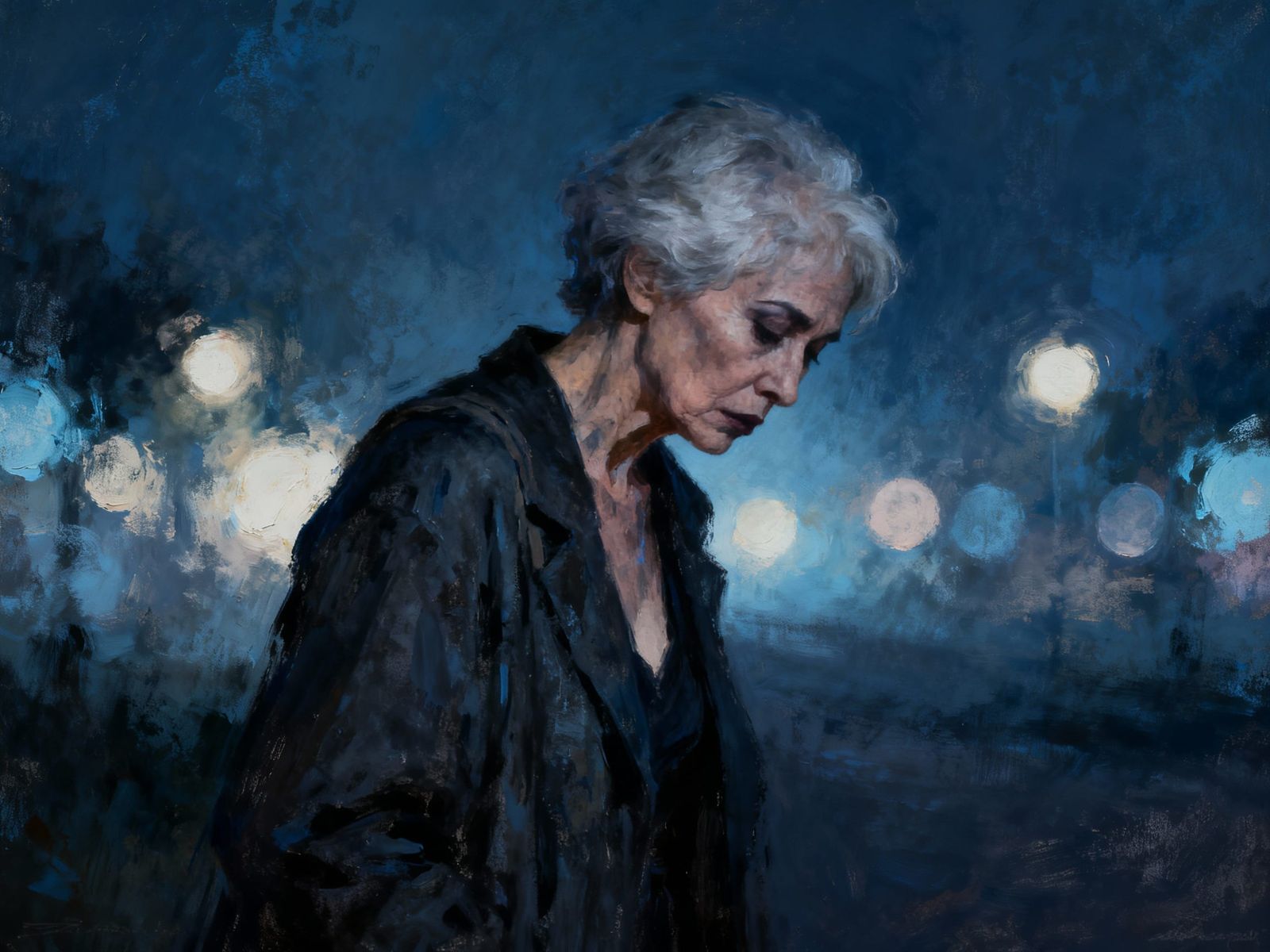 Elderly Transwoman Walking Alone at Night in Dreamscape