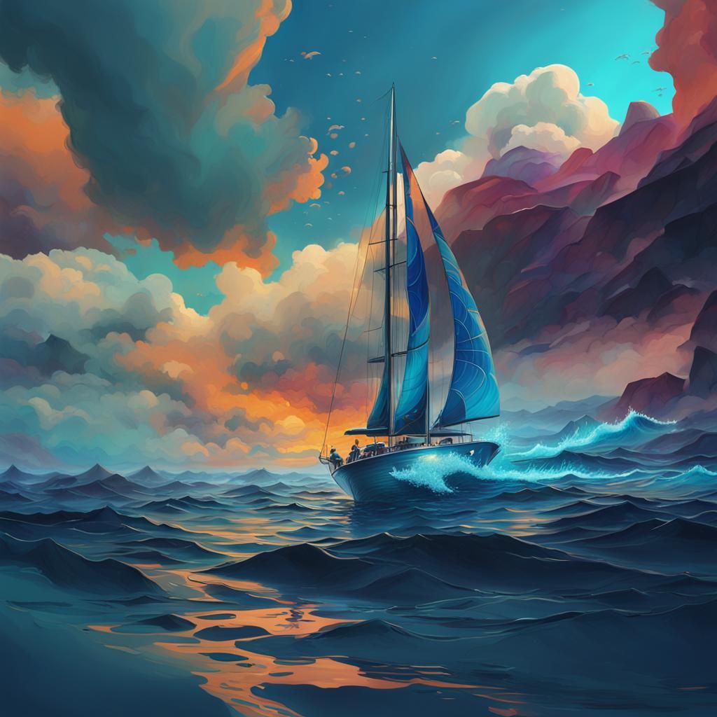 Abstract Ocean Painting with Sail Yacht in Unreal Engine