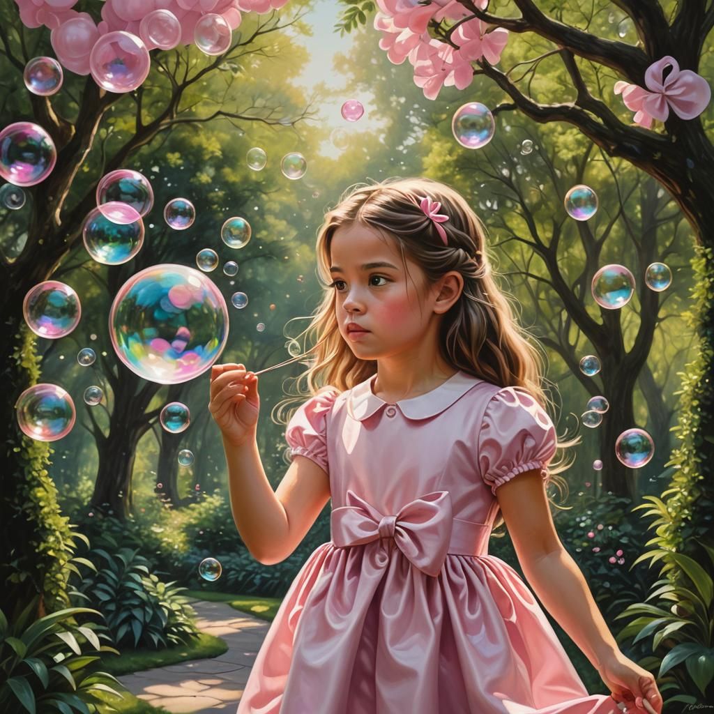 Girl Blowing Bubbles in a Sunlit Garden as Oil Painting