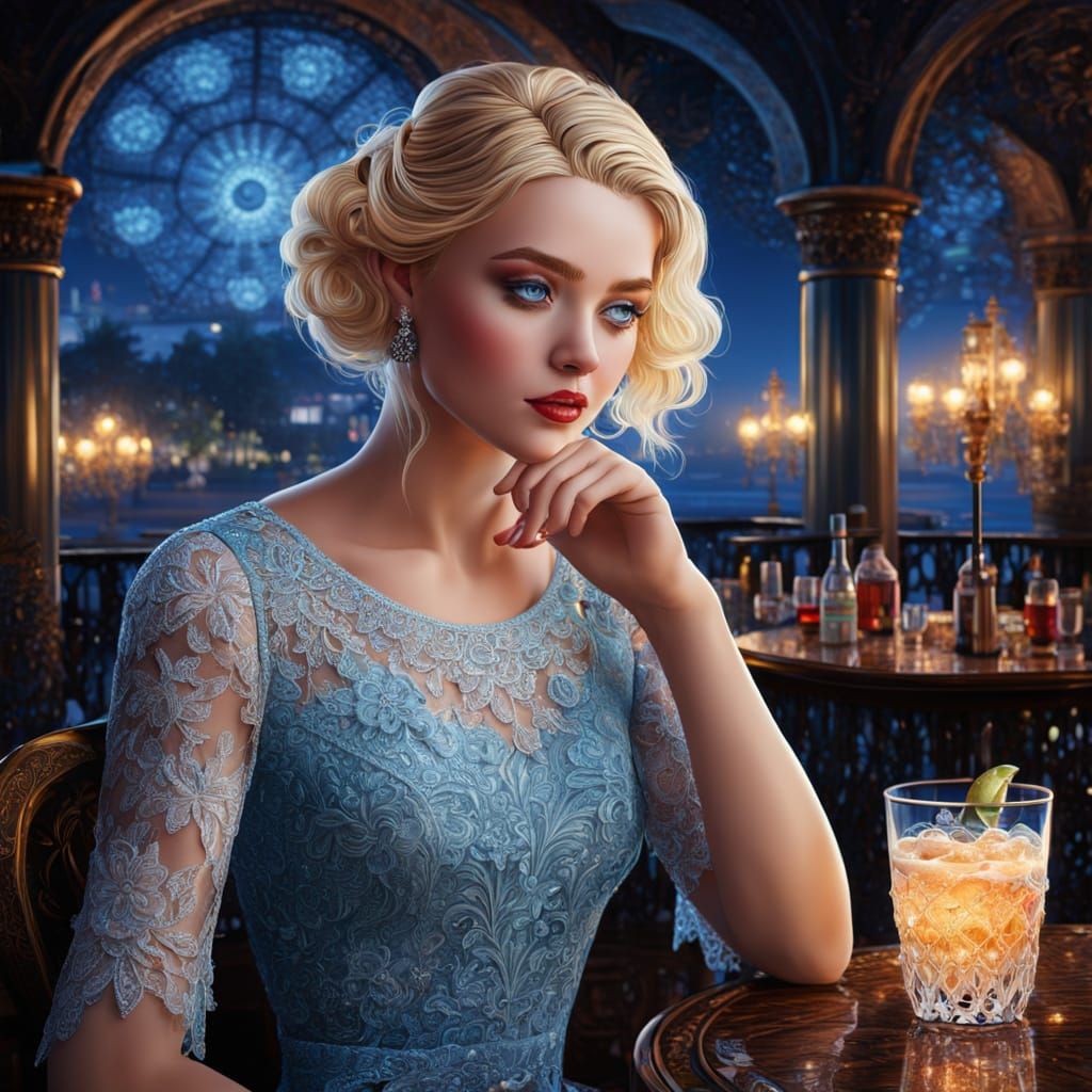 Blonde in Lace Dress: Digital Art Cocktail Scene