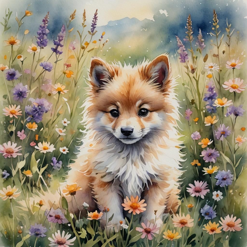 Whimsical Watercolor of Baby in Wildflower Field