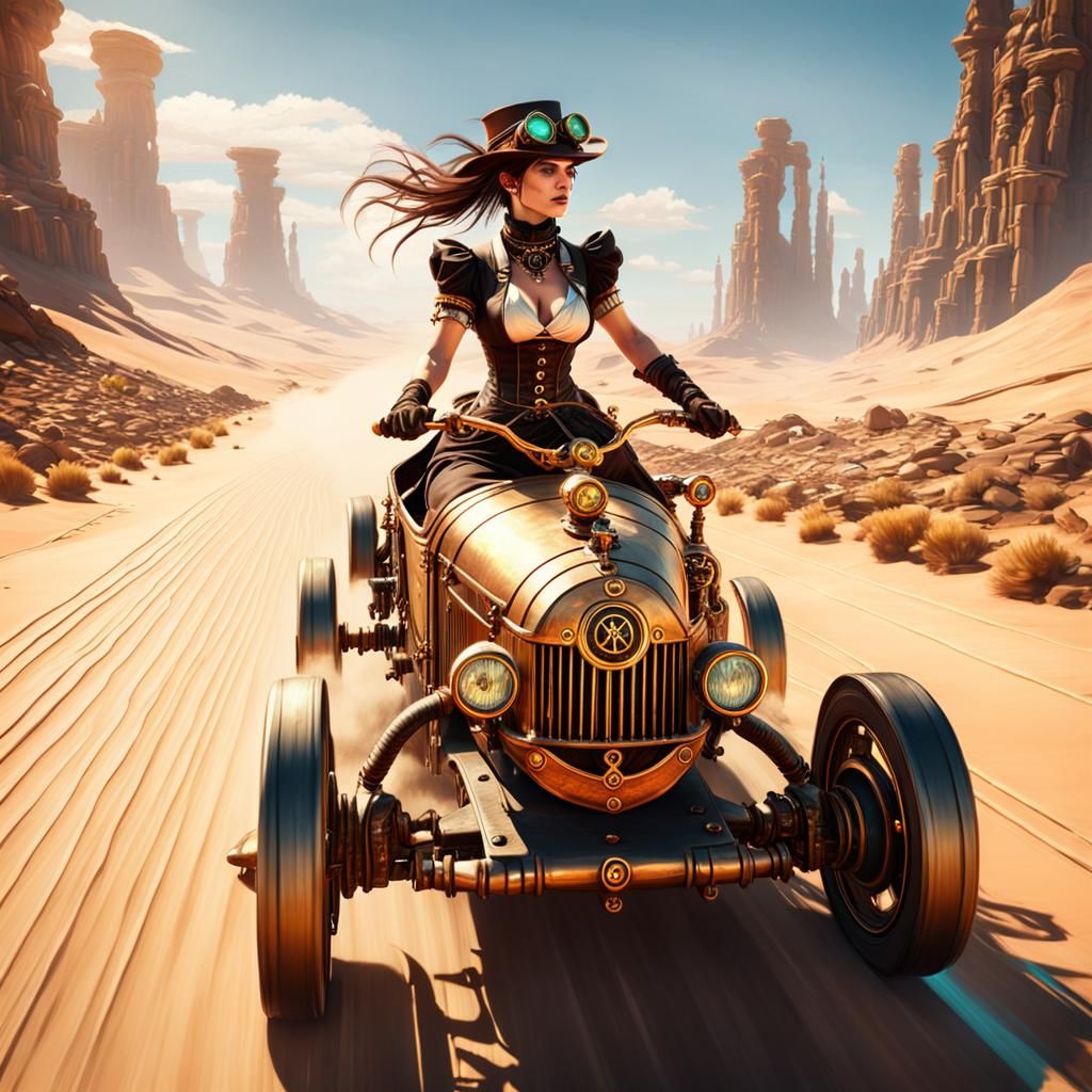 A steampunk girl driving