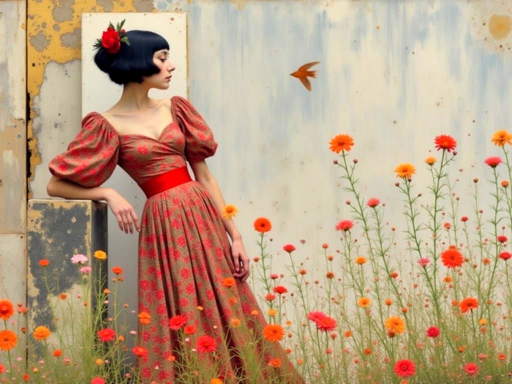 Woman with Floral Background in Klimt Style