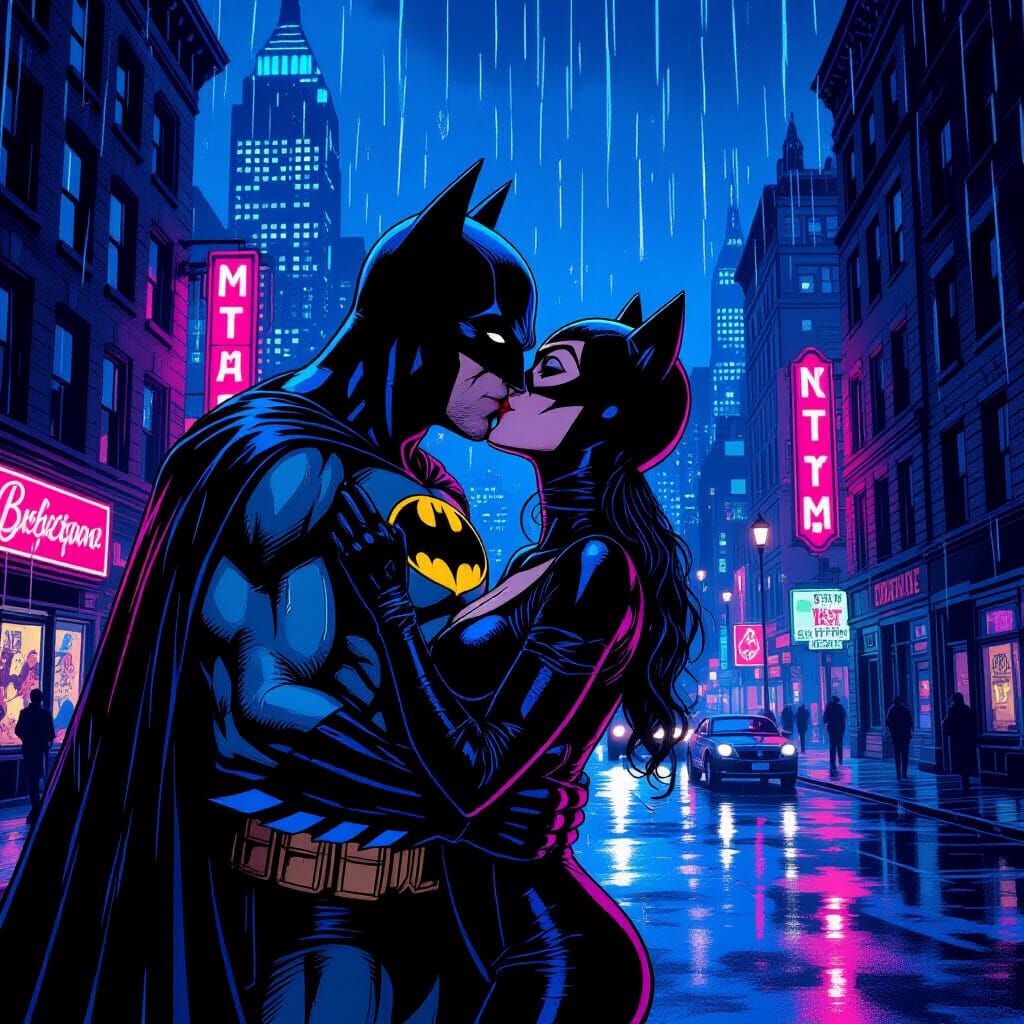 Batman and Catwoman Kiss in Noir Comic Style