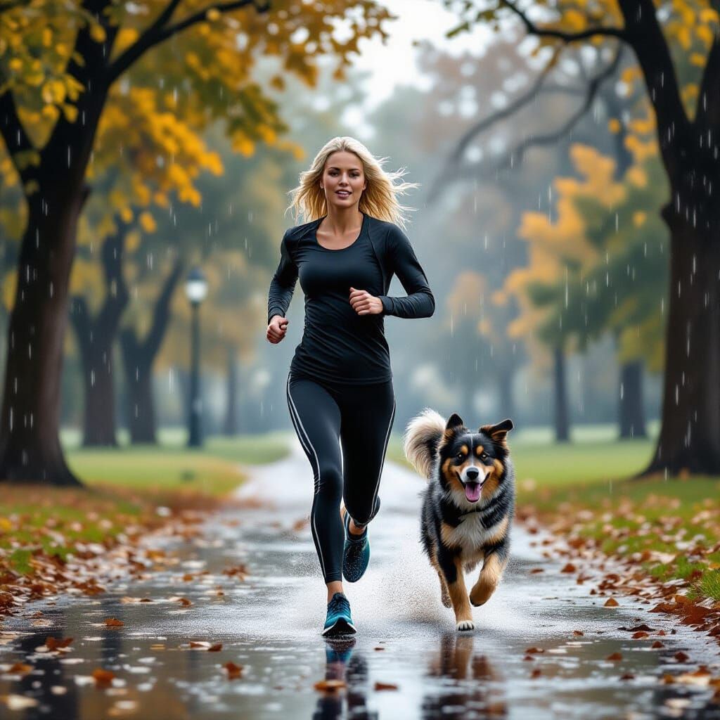 Woman and Dog Jogging in Rainy Park