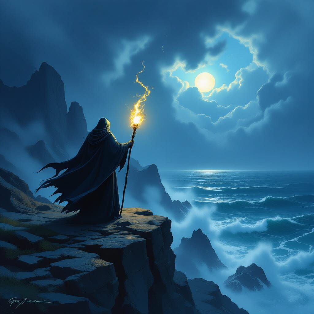 Wizard on Cliff Overlooking Stormy Sea in Digital Painting S...