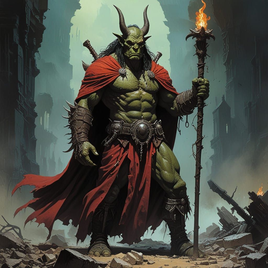 Dark Fantasy Orc Warlock in Frazetta-Style Flames