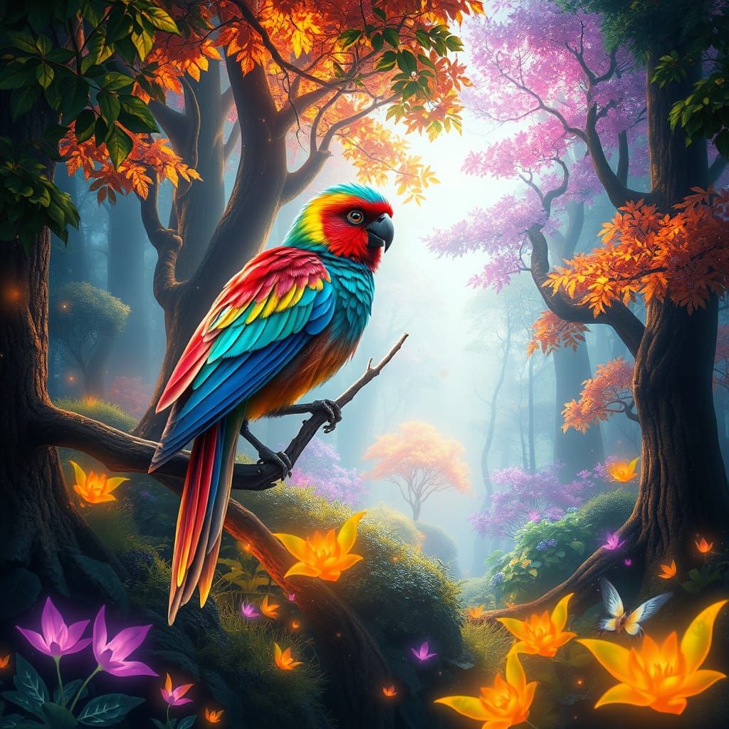 Fantastical Rainbow Bird in Enchanted Forest