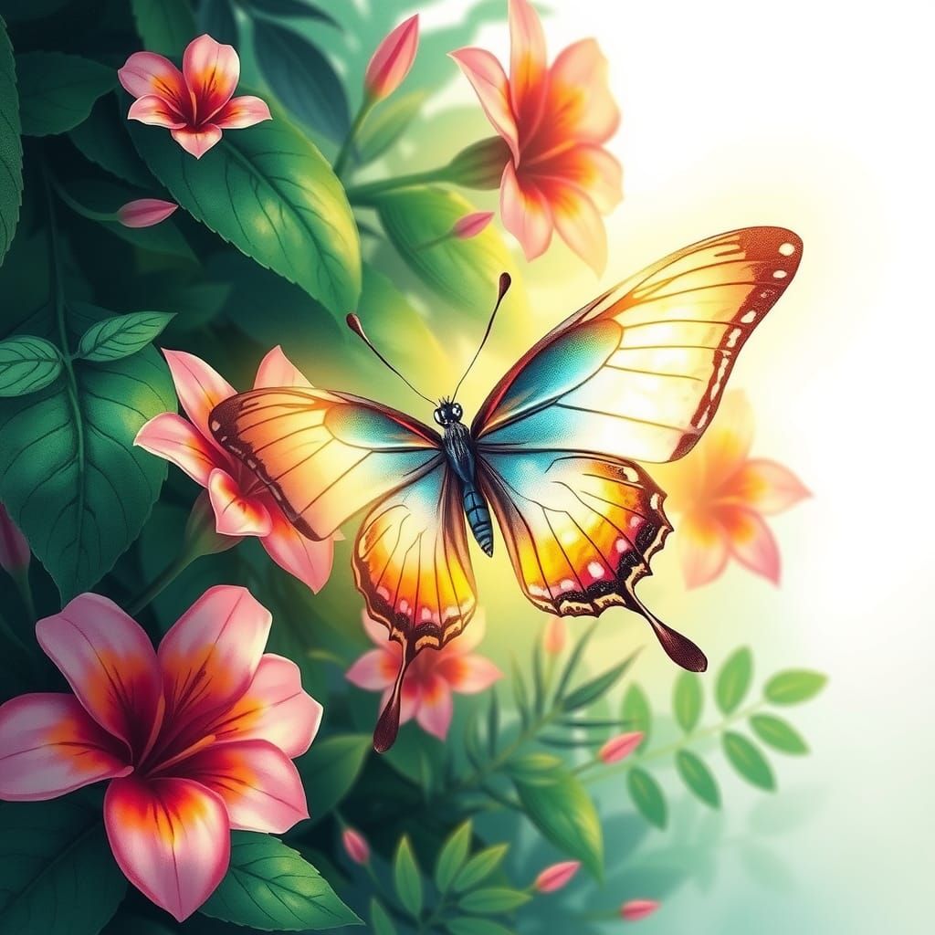 Glowing Butterfly in Watercolor Style with Tropical Flowers
