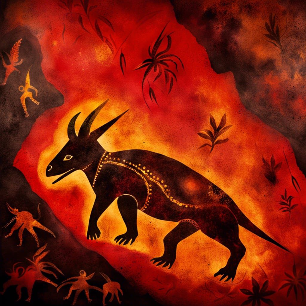 Aboriginal Cave Painting: Triceratops Hunt