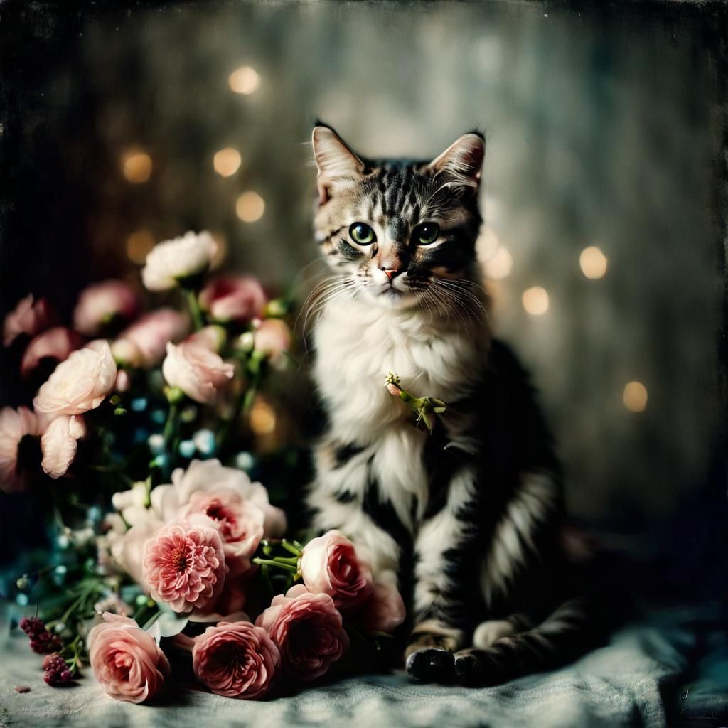 Cute Cat with Flowers: Ethereal Portrait