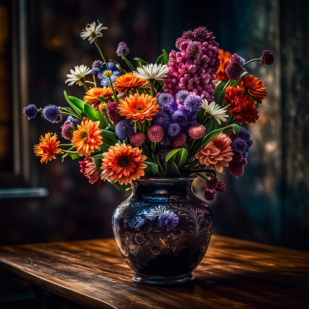 Vivid Flowers in Vase, Hyperrealistic Wide Shot