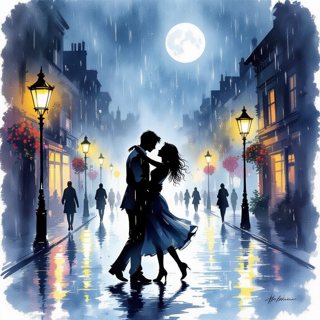 Romantic Couple Dancing in Rainy Street: Watercolor Art