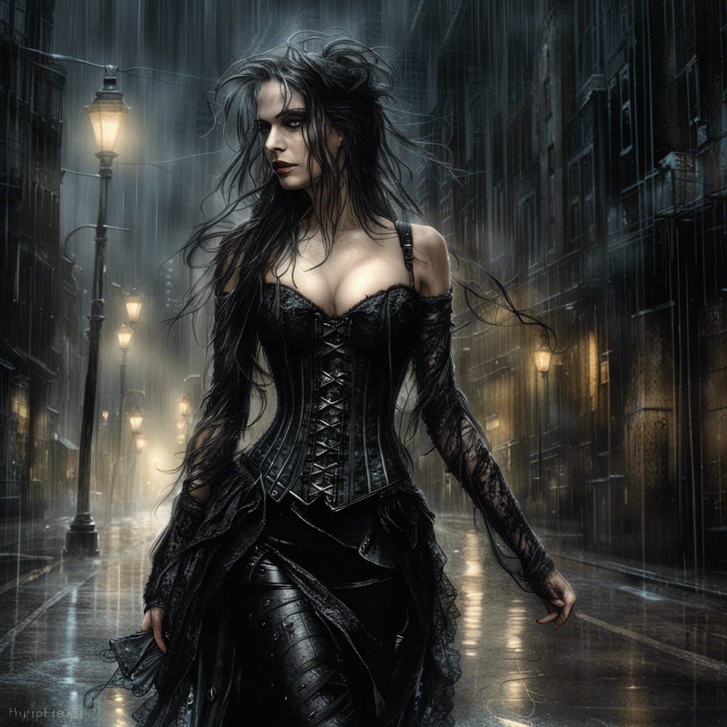 Gothic Woman in Stormy Cityscape, Digital Art