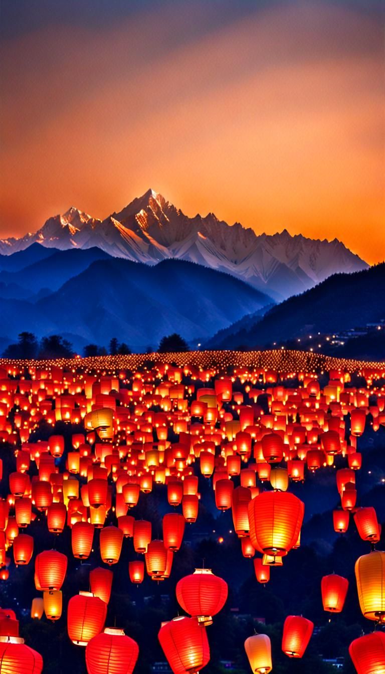 Lanterns Fly at Dusk in Front of Himalayas