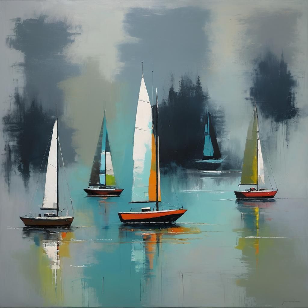 Sailboats in Abstract Minimalism with Neon Accents