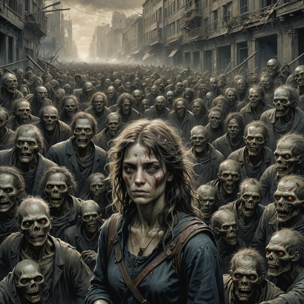 Woman in Zombie City: Hyperdetailed Horror Portrait