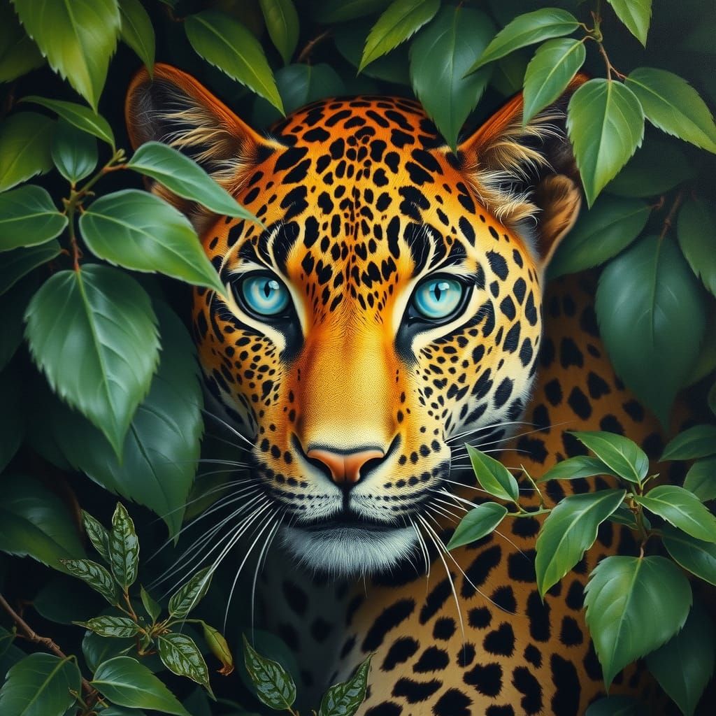 Blue-Eyed Leopard in Lush Foliage