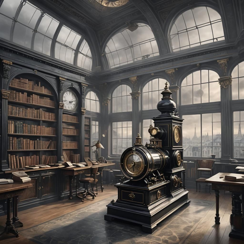 Elegant Chronometer in Bleak Paris Library Scene