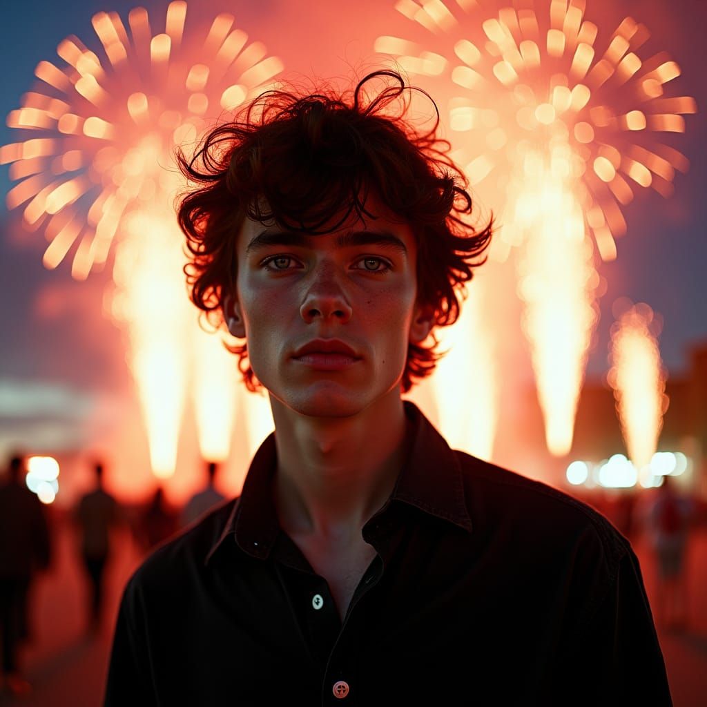 Young Man in Fireworks Display: Cinematic Film Still