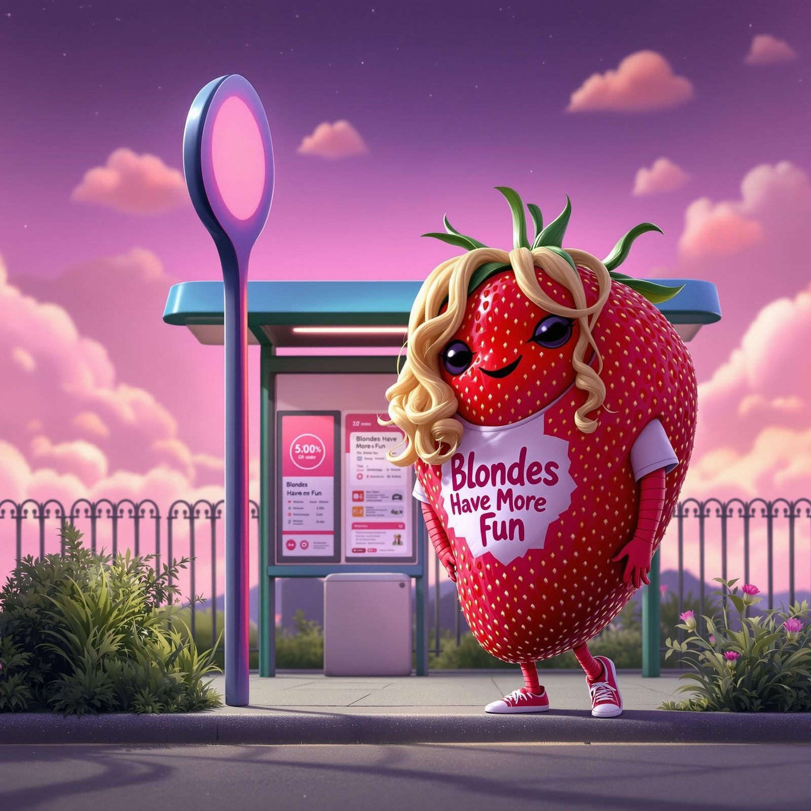 Whimsical Strawberry Femme Fatale at a Dreamlike Bus Stop