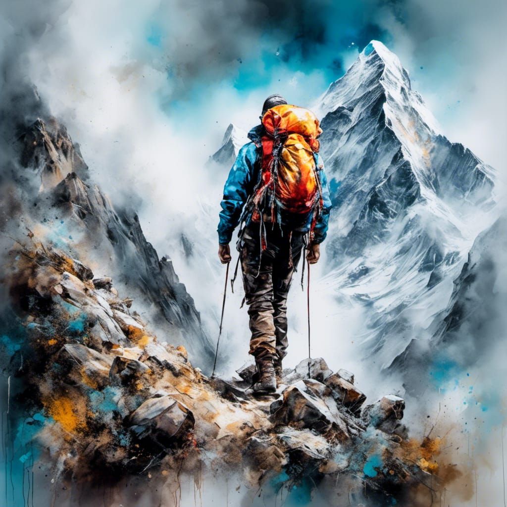 Everest Climber in Awe, Watercolor Art Style