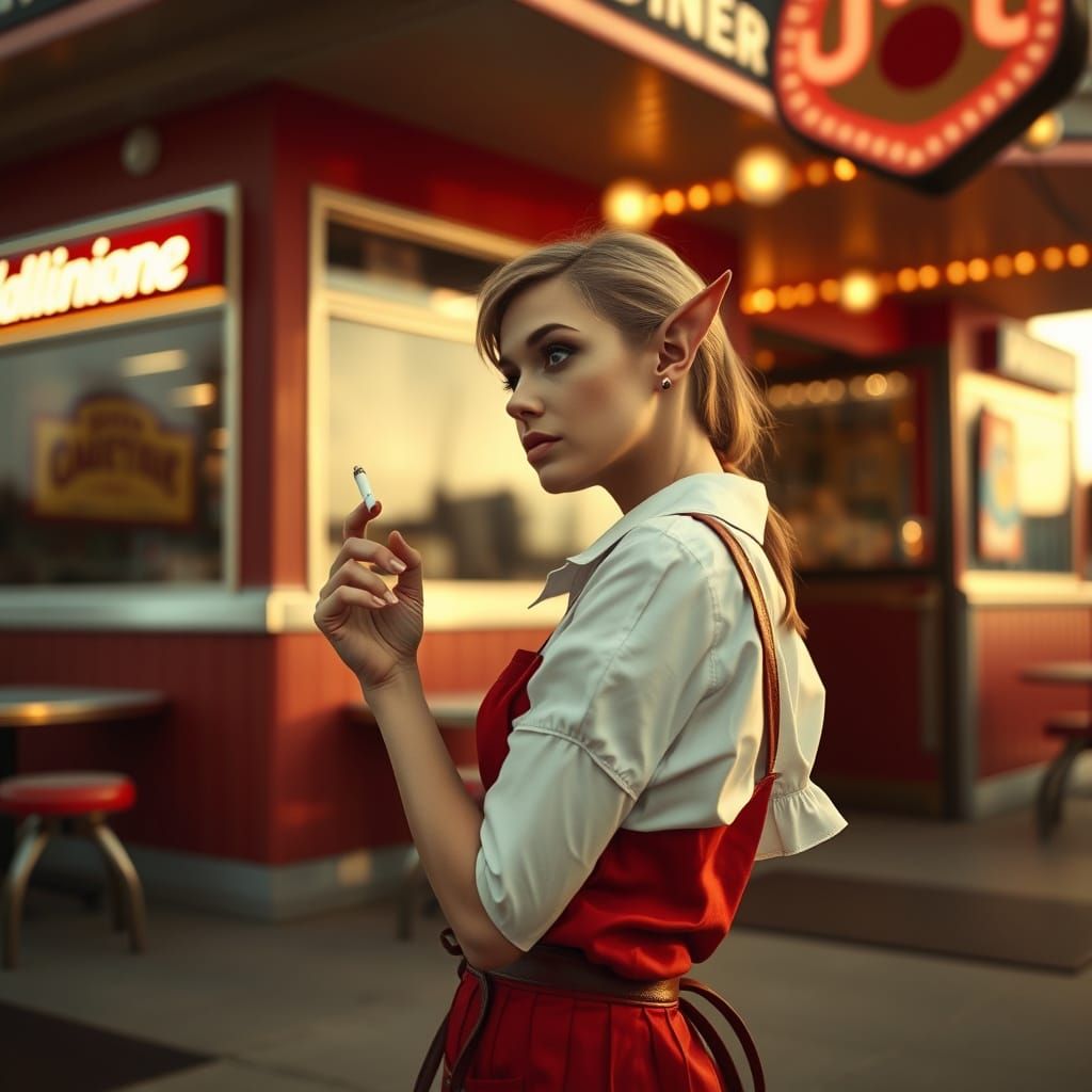 Elf Waitress Cigarette Break: Cinematic Diner Scene