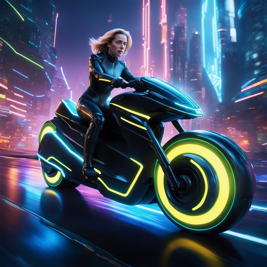 Woman on Light Cycle in Detailed Digital Painting