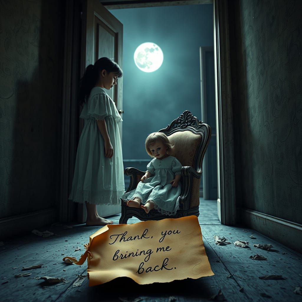 Mysterious Doll in Abandoned Room, Moonlit Glow