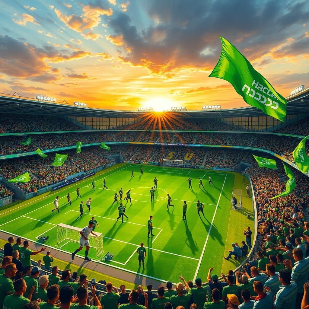 Soccer Stadium Celebration with Green Flags