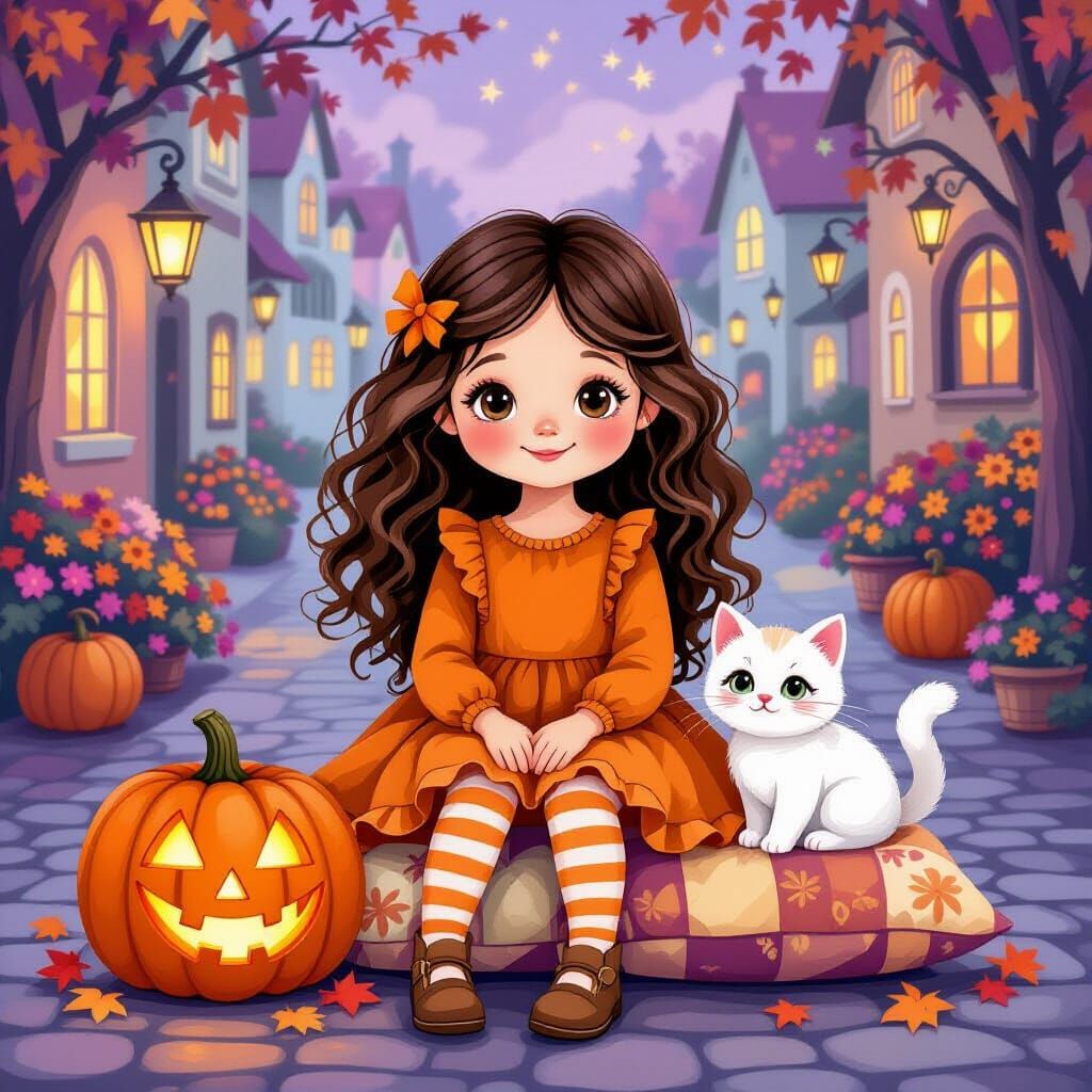 Cute Autumn Quilt Illustration: Girl, Pumpkin, Kitten