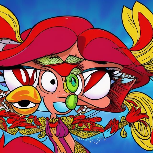 Psychedelic Woman and Chicken in Cartoon Style