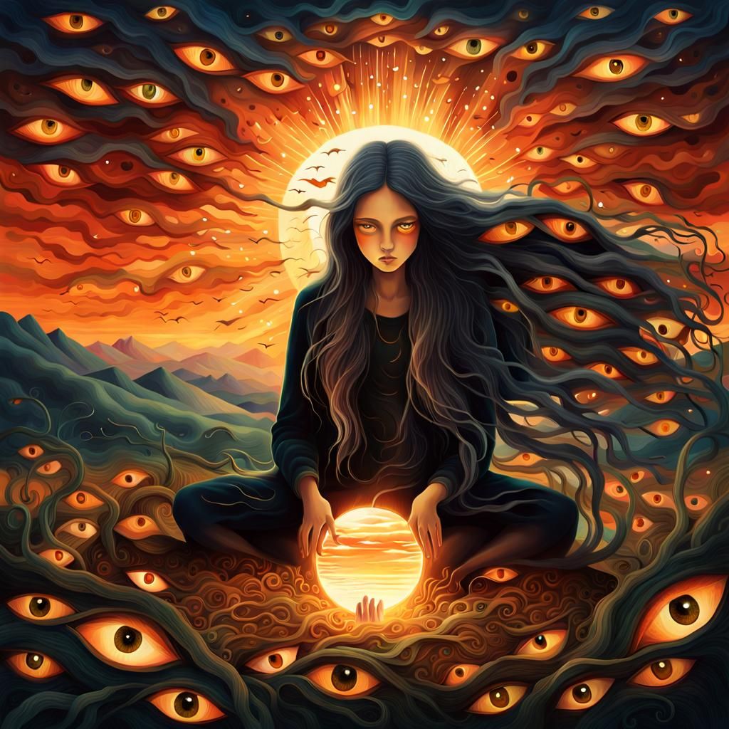 Bio Art Collage: Woman with Glowing Eyes in 8K