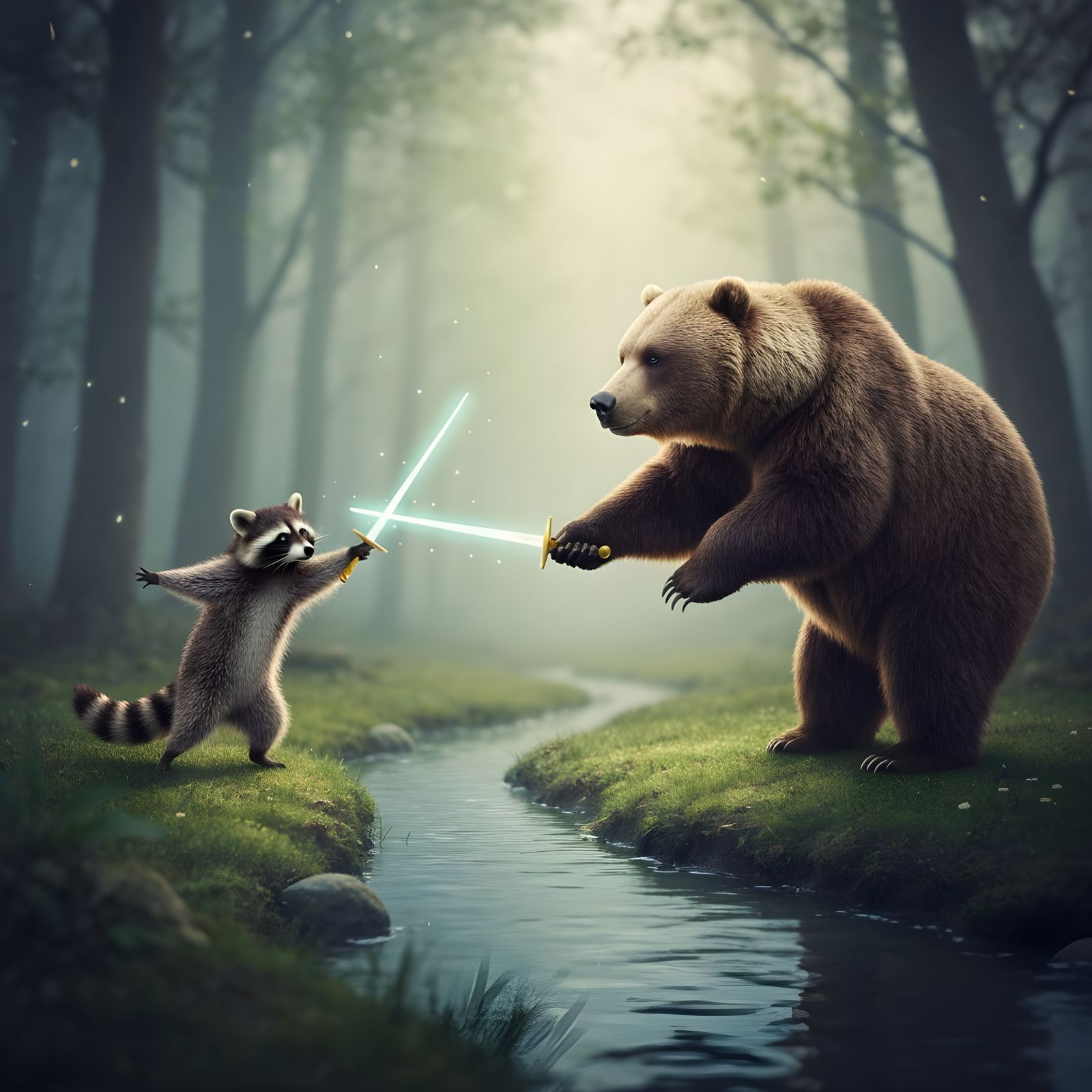 Raccoon and Bear Fencing Duel in Forest