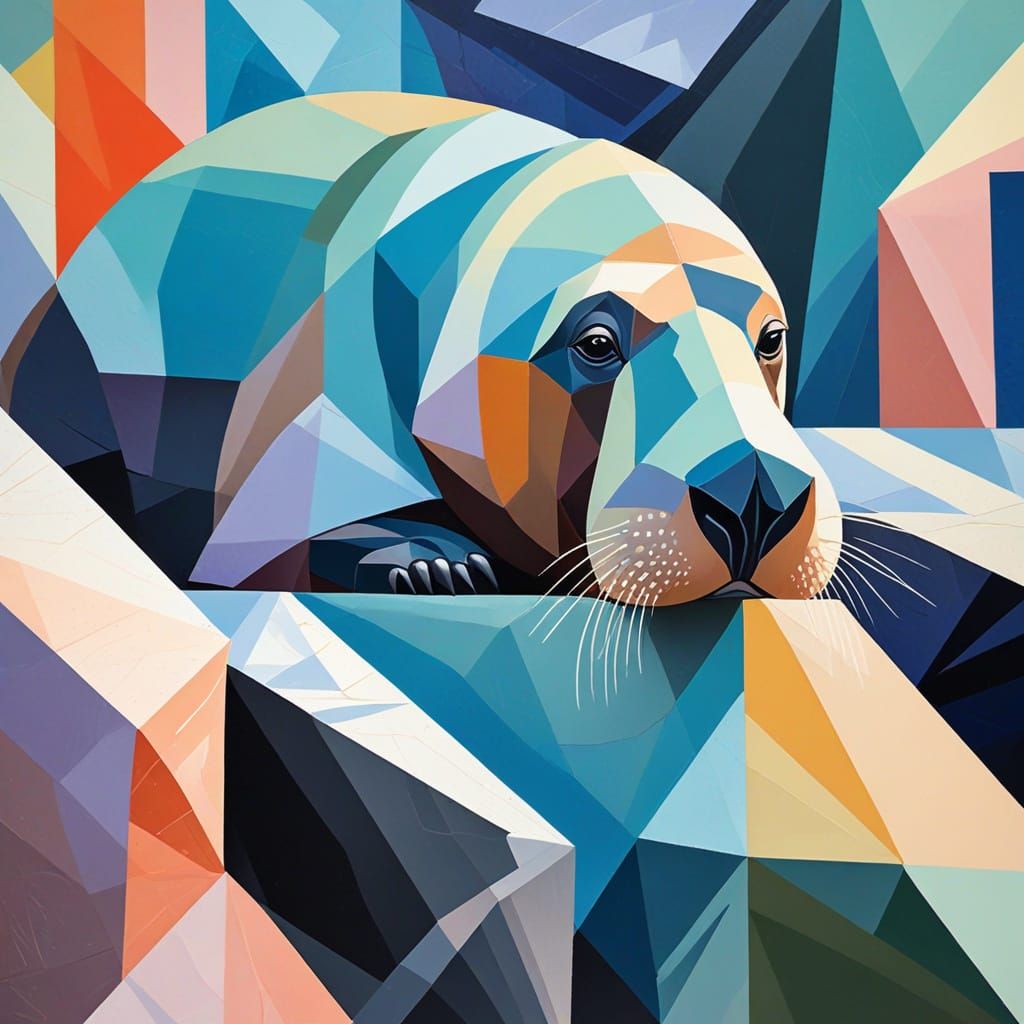 Cubist Baby Walrus with Ice Crystals in Pastel Colors