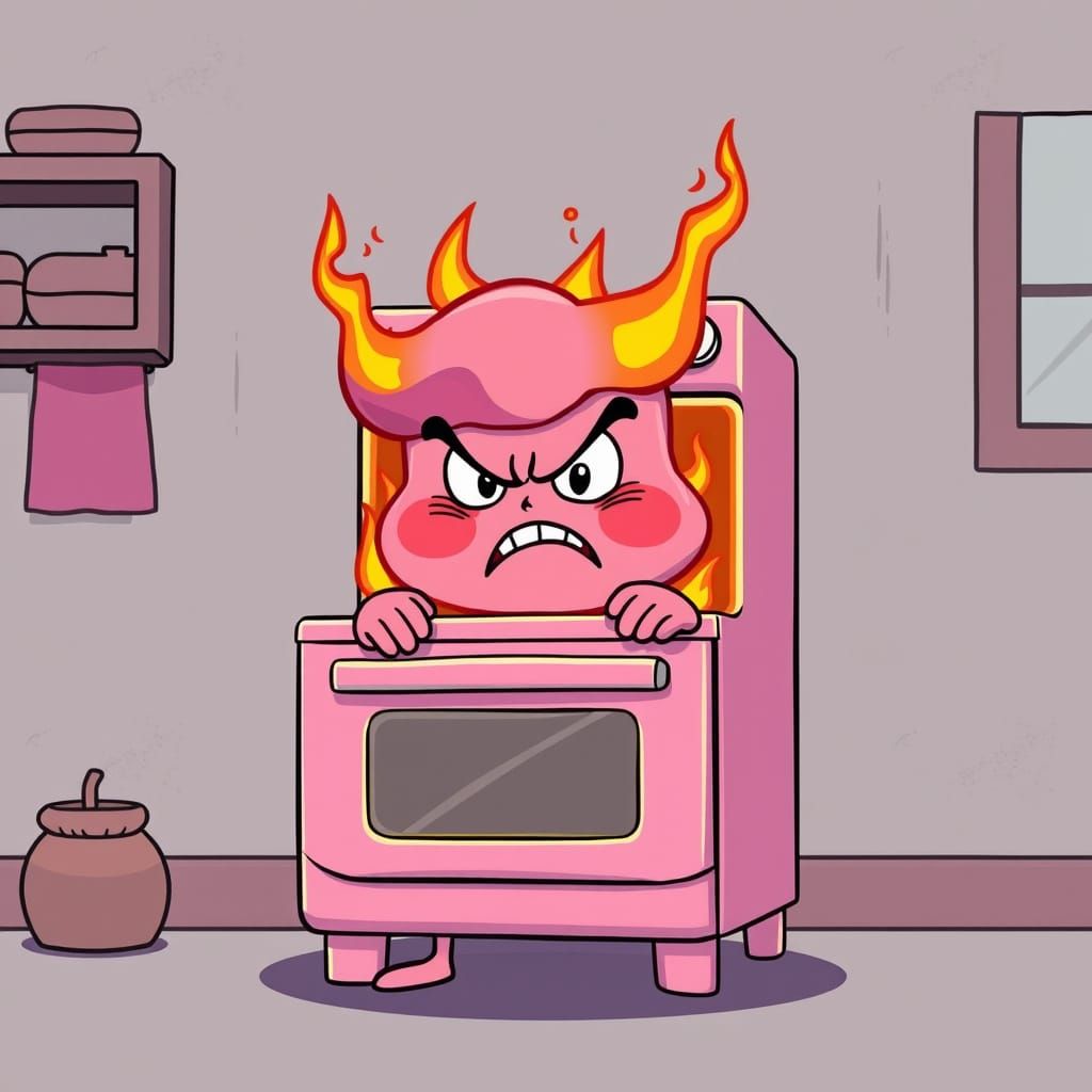 Angry Pink Oven Cartoon Character on Fire