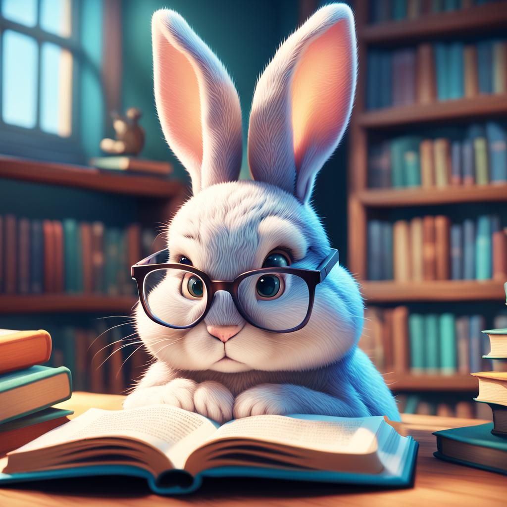 Cute Bunny Reads Book in Cozy Library
