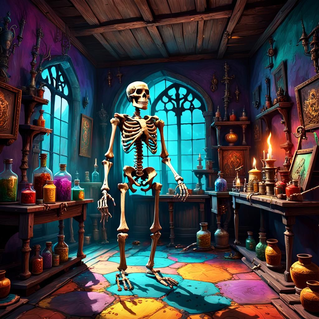 Fantasy Skeleton in Colorful Tortured Room