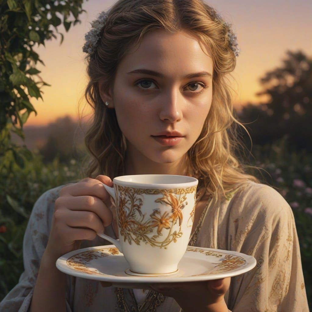 Elegant Goddess Sipping Tea in a Hyperrealistic Setting