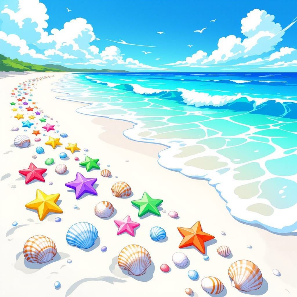 Vibrant Anime Style Sea Glass Stars and Shells on Beach