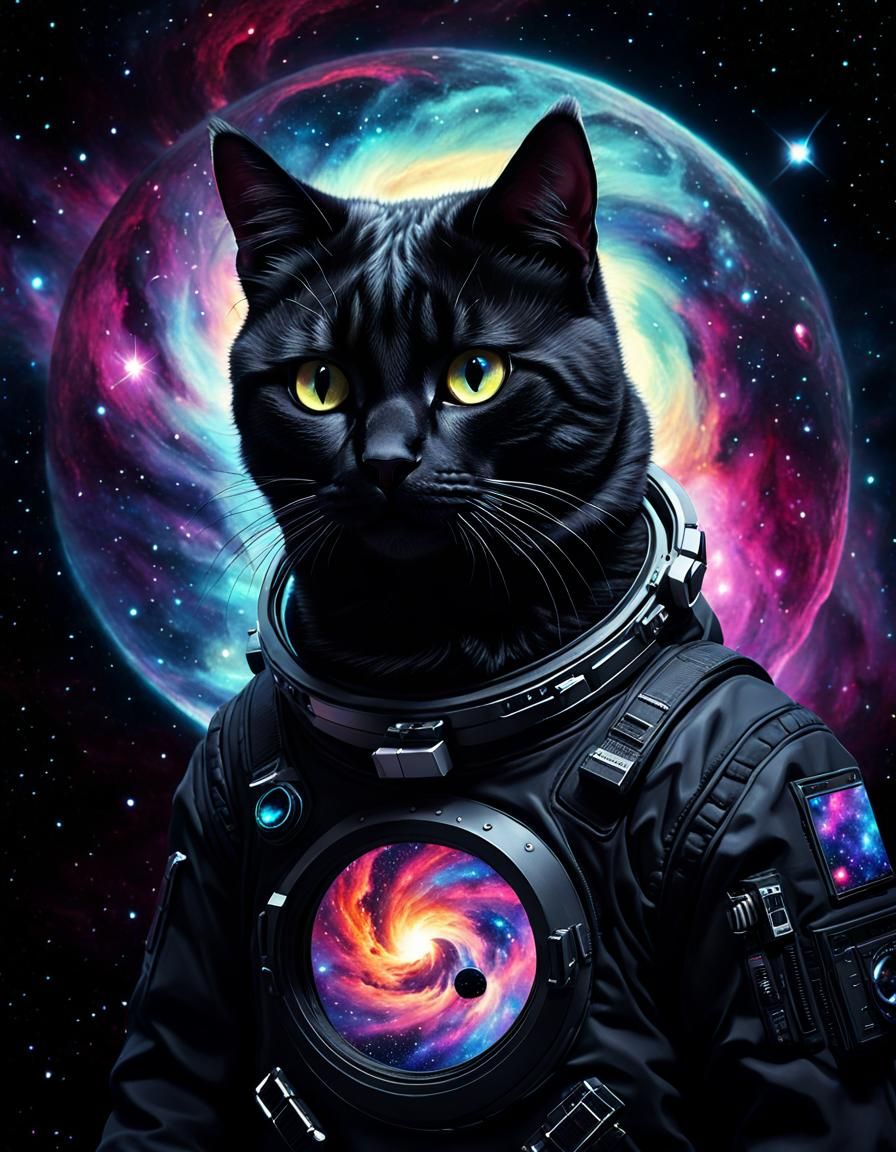 Psychedelic Cat in Space Near Black Hole