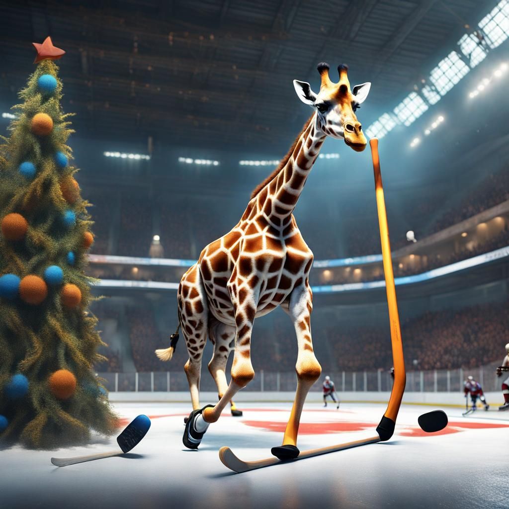 Giraffe Plays Hockey in Detailed Matte Painting