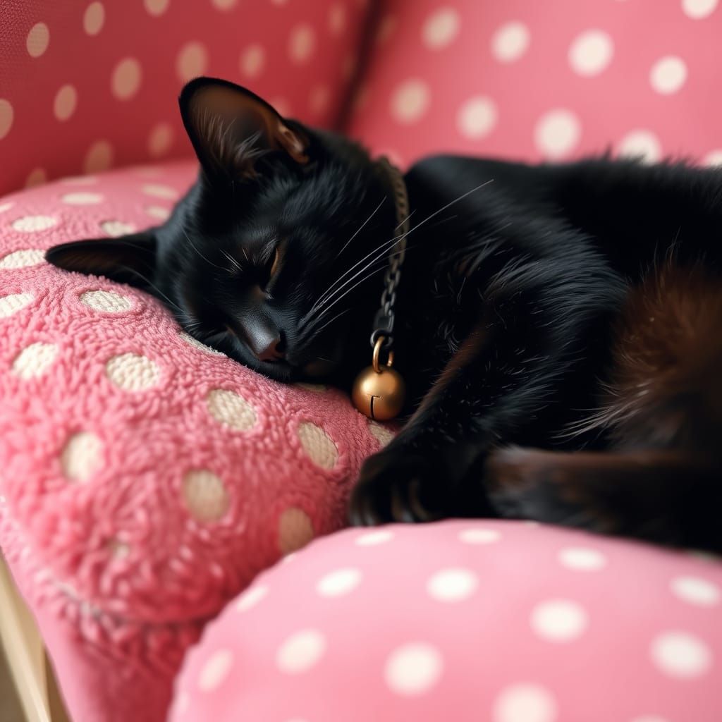 Black Cat Napping on Polka-Dot Couch