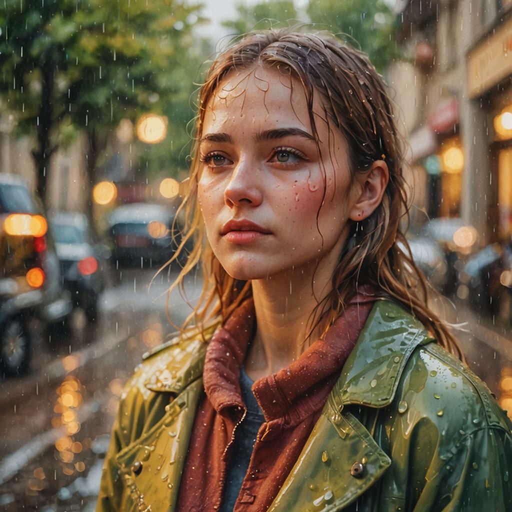 Rain-Kissed Portrait in Watercolor Painting Style