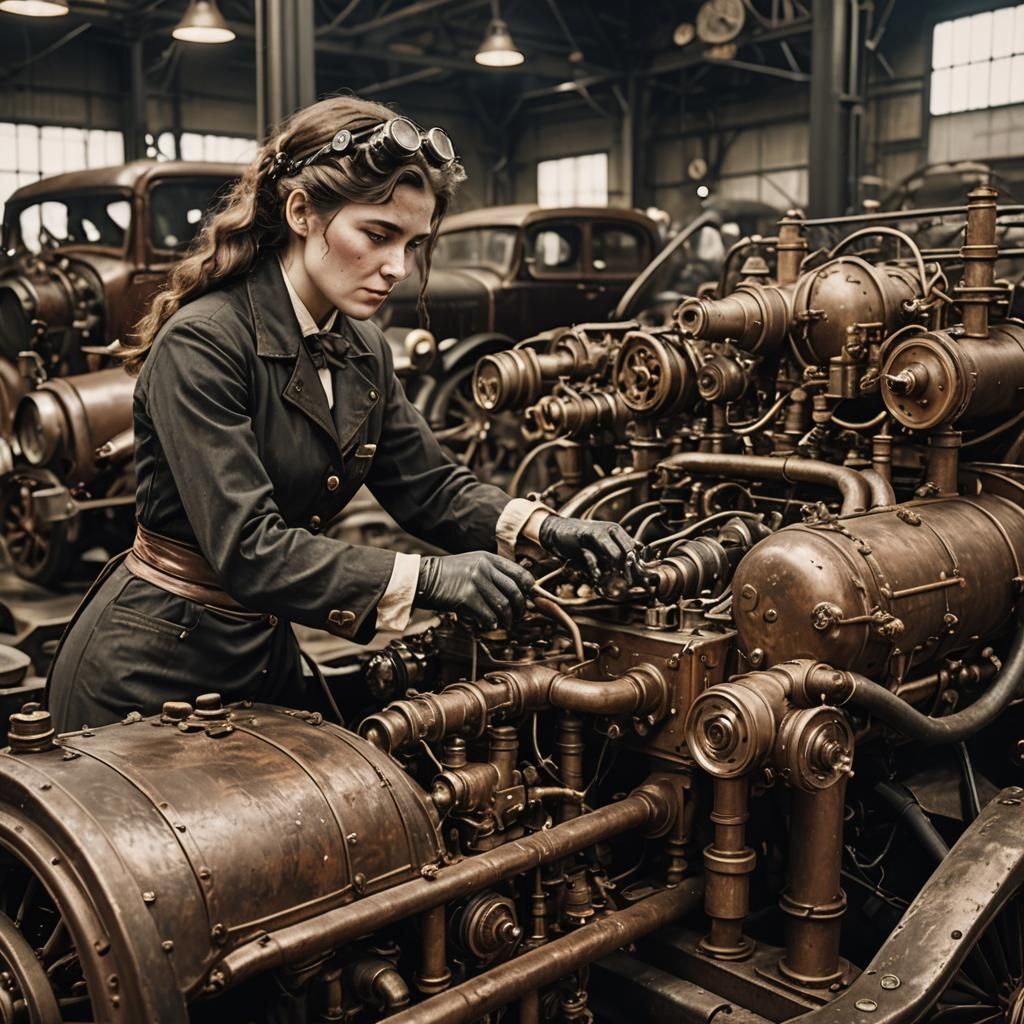 Woman Master Mechanic Works on Steam-Powered Automobile in V...