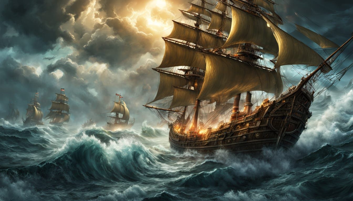 Epic Fantasy Sailing Ship Battles Turbulent Ocean in Vibrant...