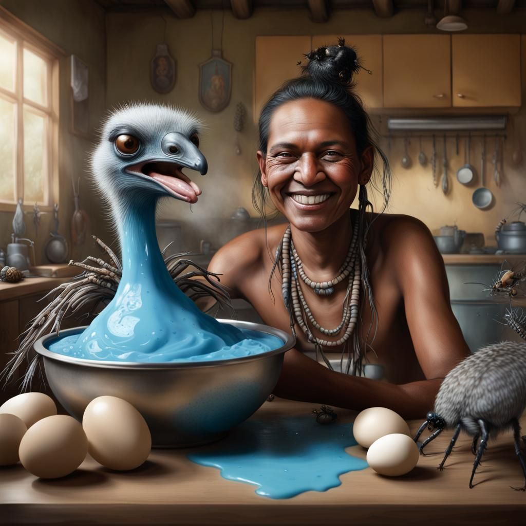 Aboriginal at Kitchen Table with Slime, in Ceccoli Style