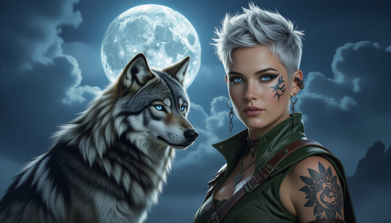 Druid Ranger Warrior Under Full Moon