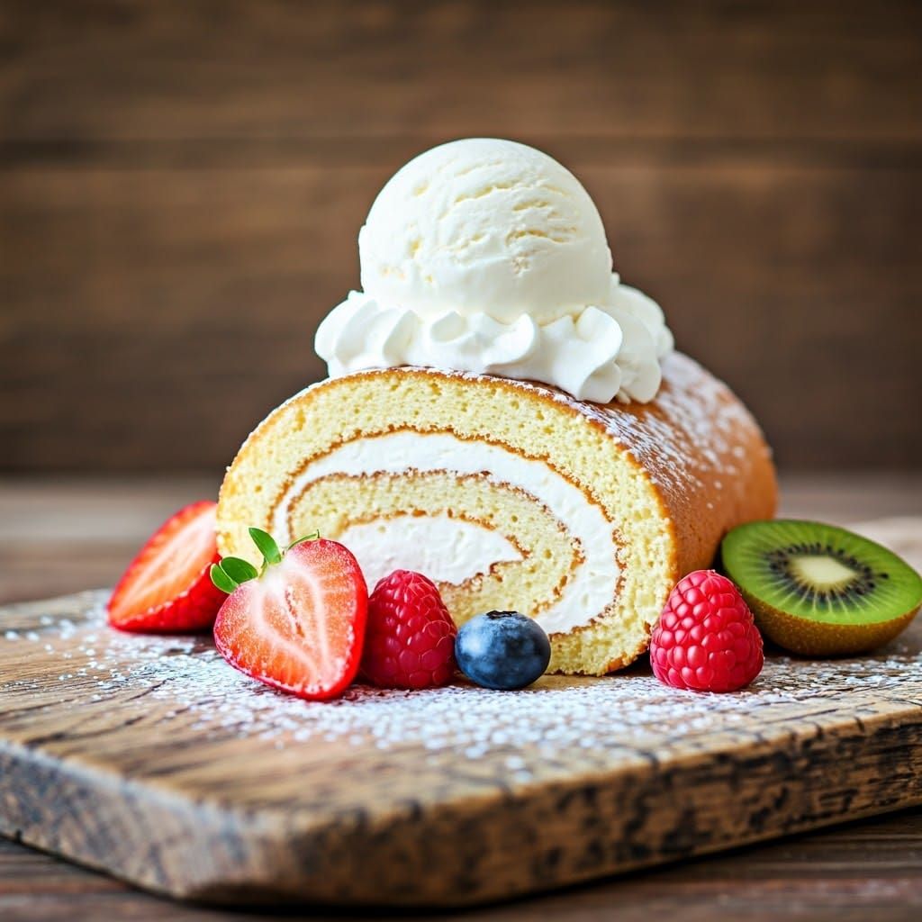 Roll Cake with Cream and Fruit, Impressionistic Style