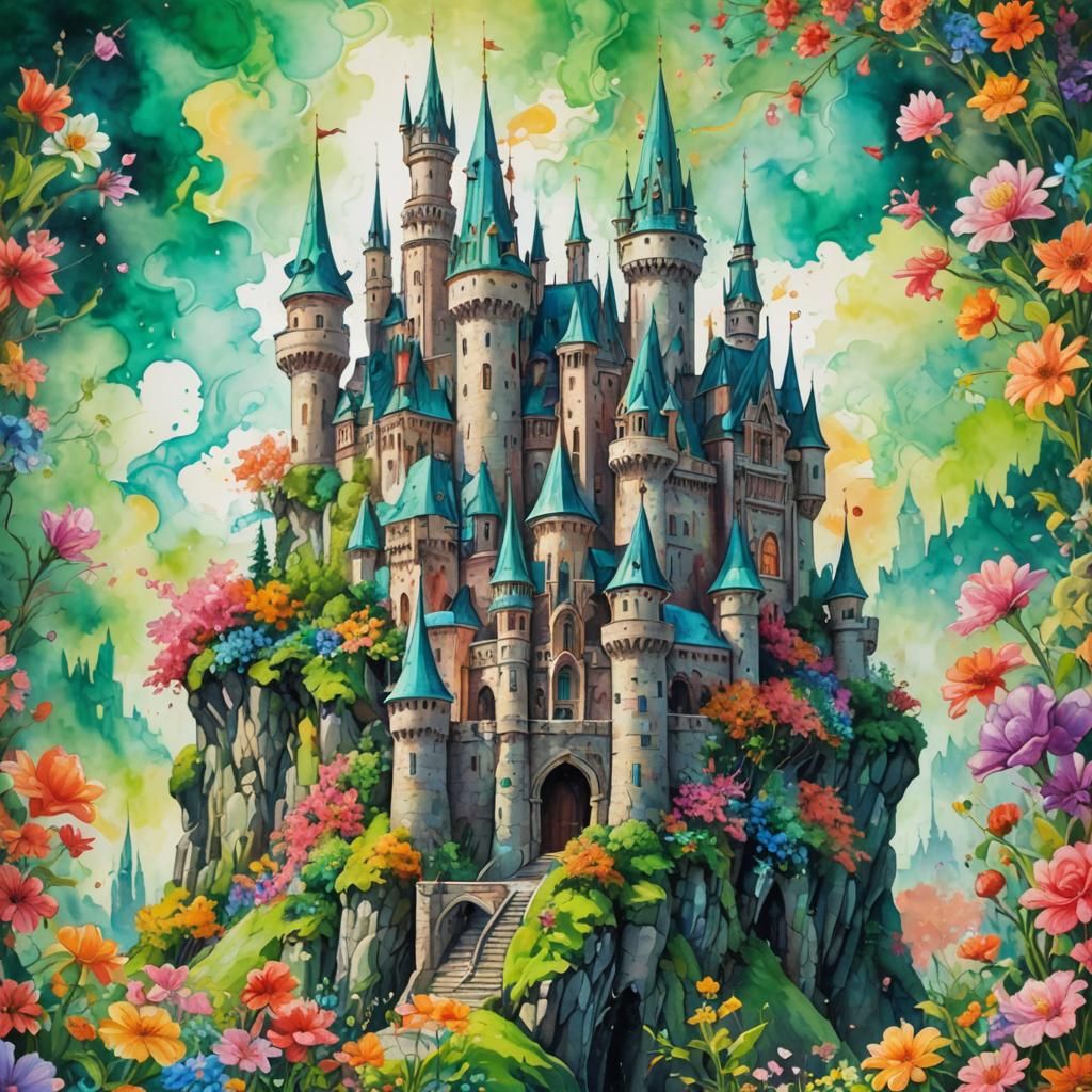 Colorful Watercolor Fairytale Castle on Green Hill